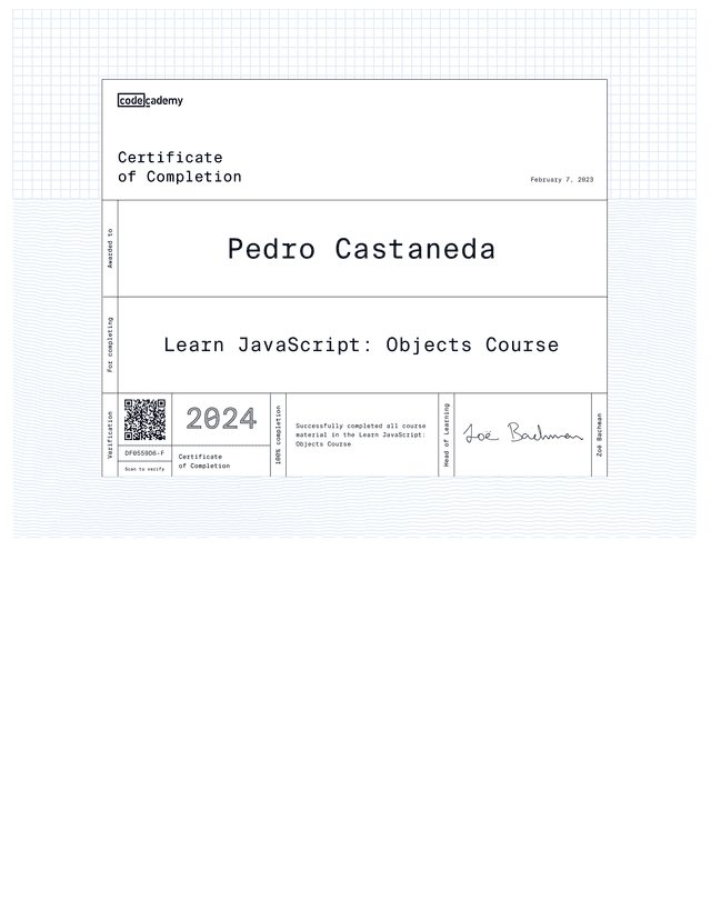 JavaScript Objects Certification, Codecademy