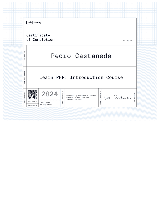 PHP Intro Certification, Codecademy