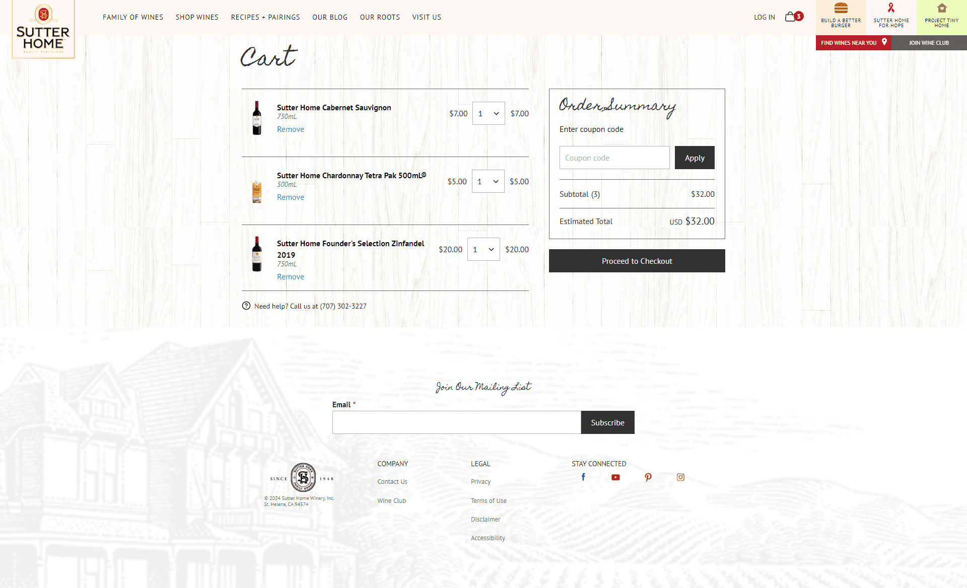 Sutter Home cart page