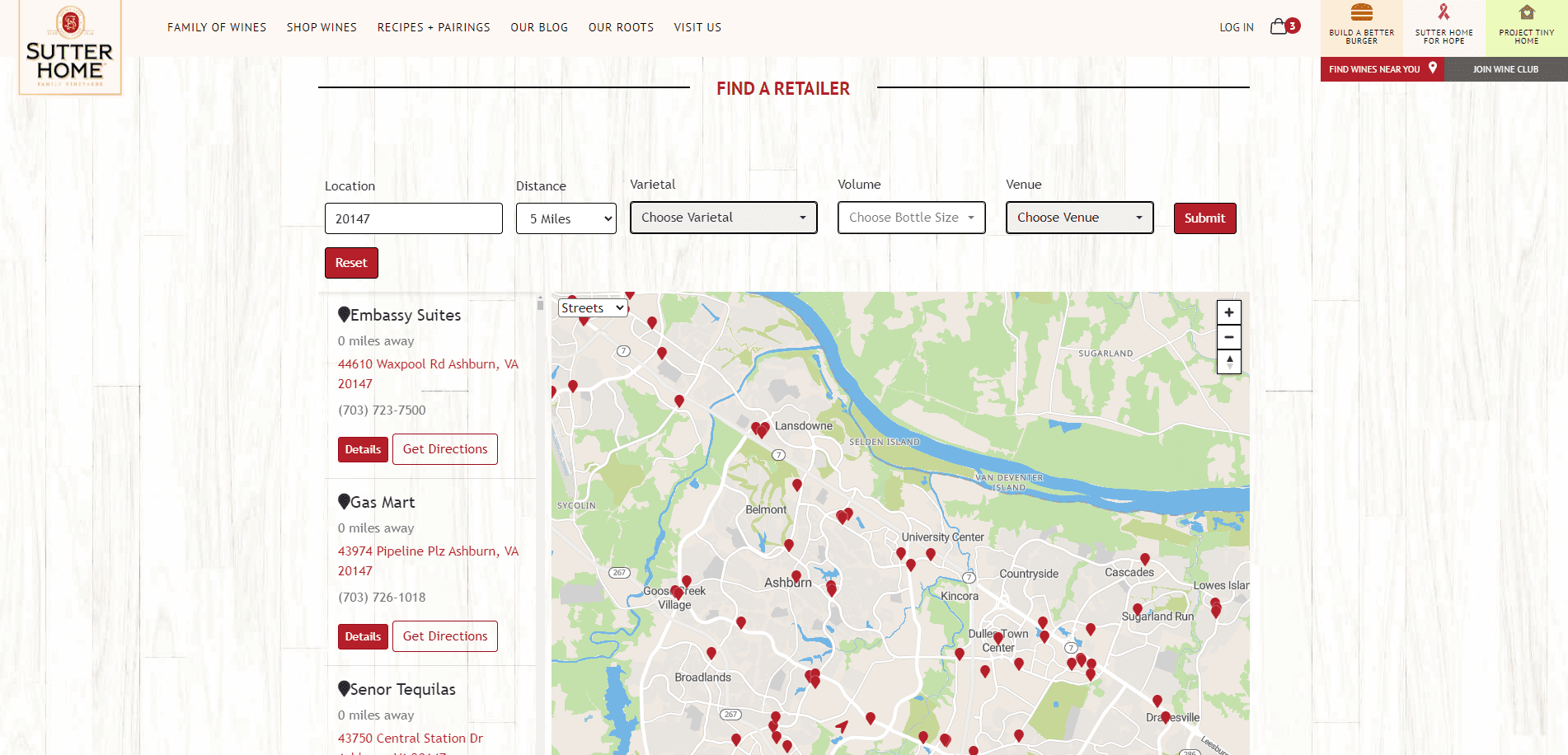 Sutter Home locate retailer page